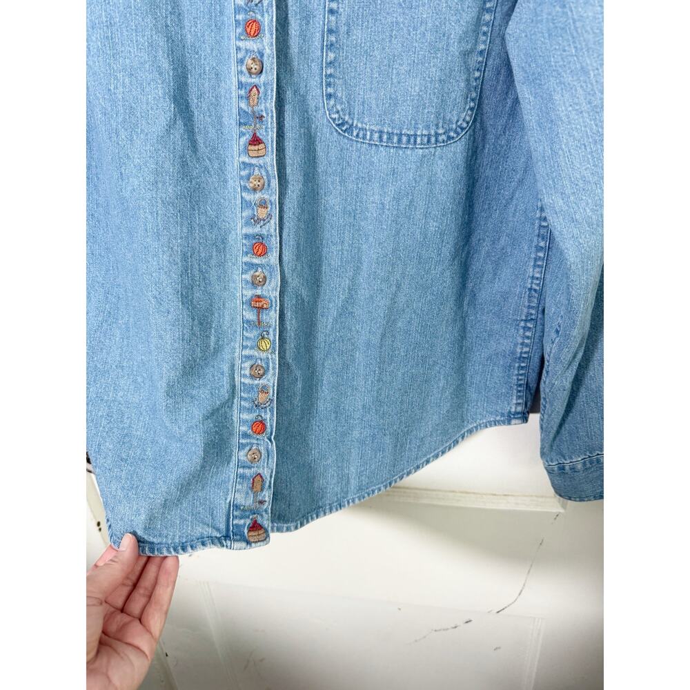 Vintage Collared Denim Button Down Shirt Embroidered Fall Motif Pumpkins Autumn - Picture 10 of 16